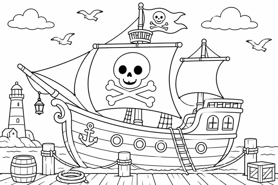 Dibujo para colorear de un barco pirata en el puerto