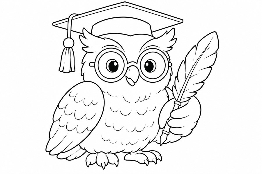 Dibujo para colorear de un búho graduado con pluma