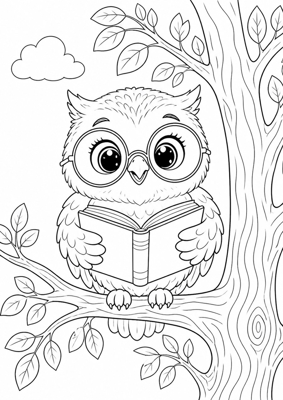 Dibujo para colorear de un búho leyendo un libro