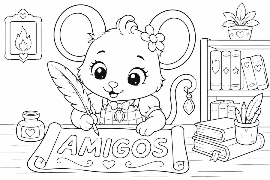 Dibujo para colorear de Candelita escribiendo la palabra amigos