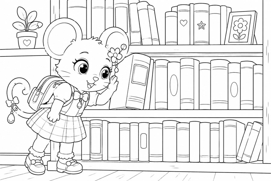 Dibujo para colorear de Candelita en la biblioteca