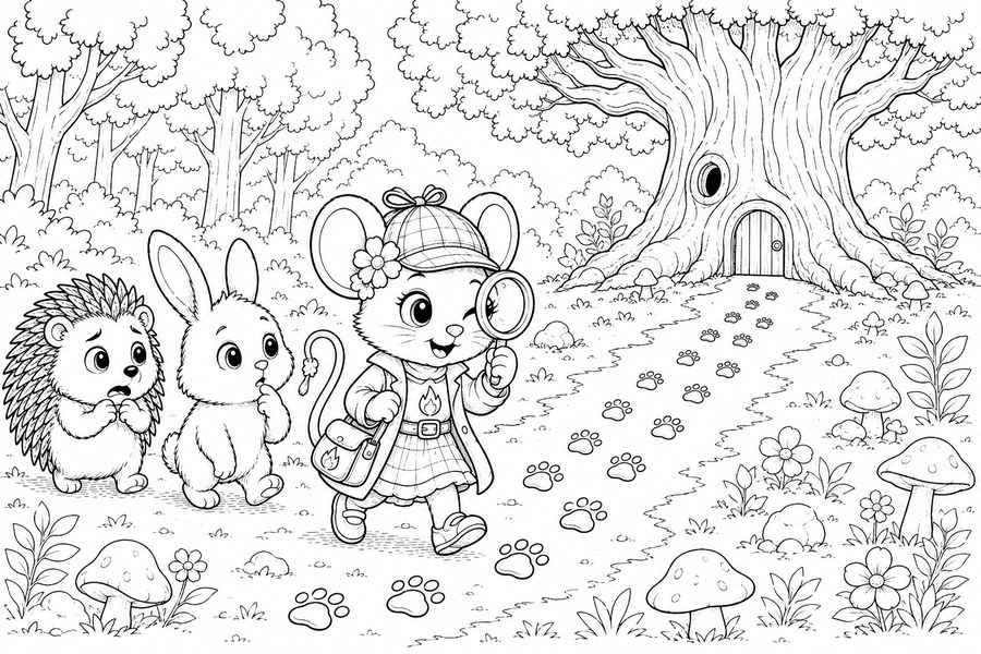 Dibujo para colorear de Candelita detective siguiendo huellas en el bosque