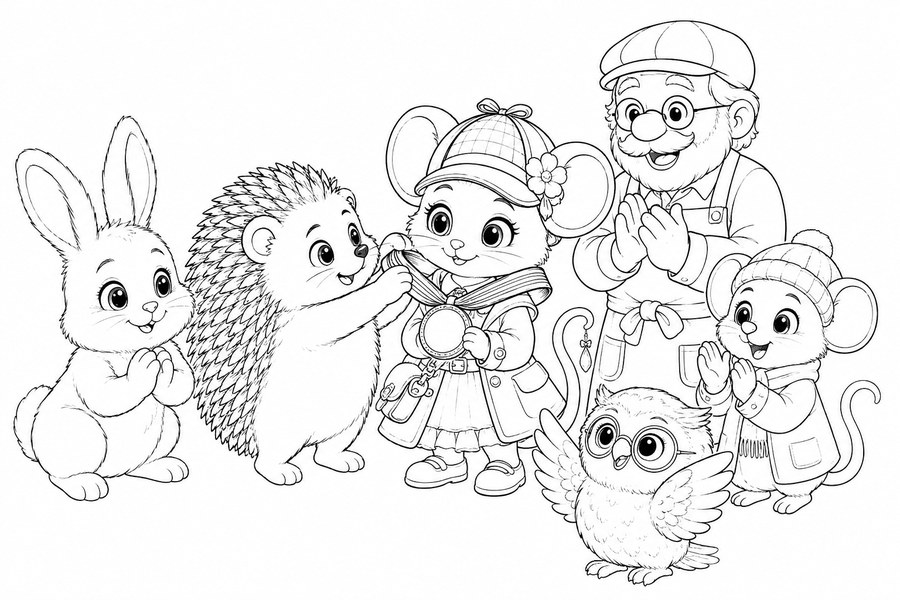 Dibujo para colorear de Candelita recibiendo una medalla de sus amigos