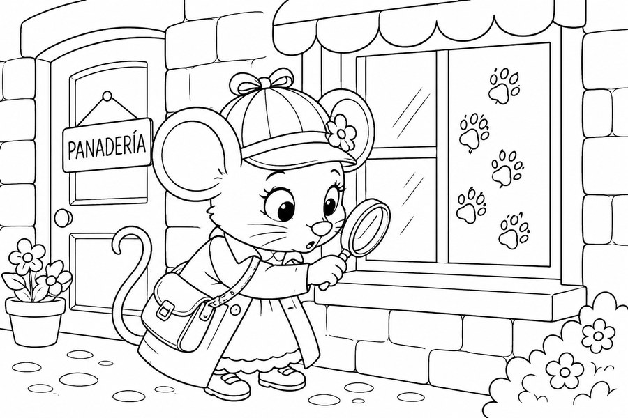 Dibujo para colorear de Candelita detective investigando en la panadería