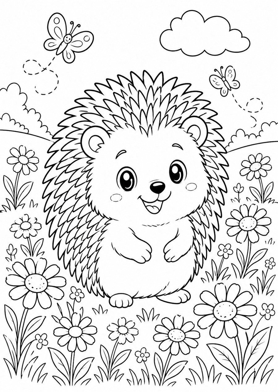 Dibujo para colorear de un erizo entre flores