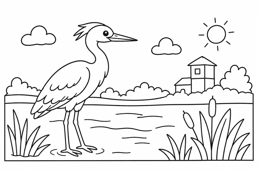 Dibujo para colorear de una garza en el estanque