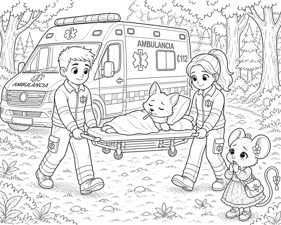 Dibujo para colorear de sanitarios rescatando a un zorrito
