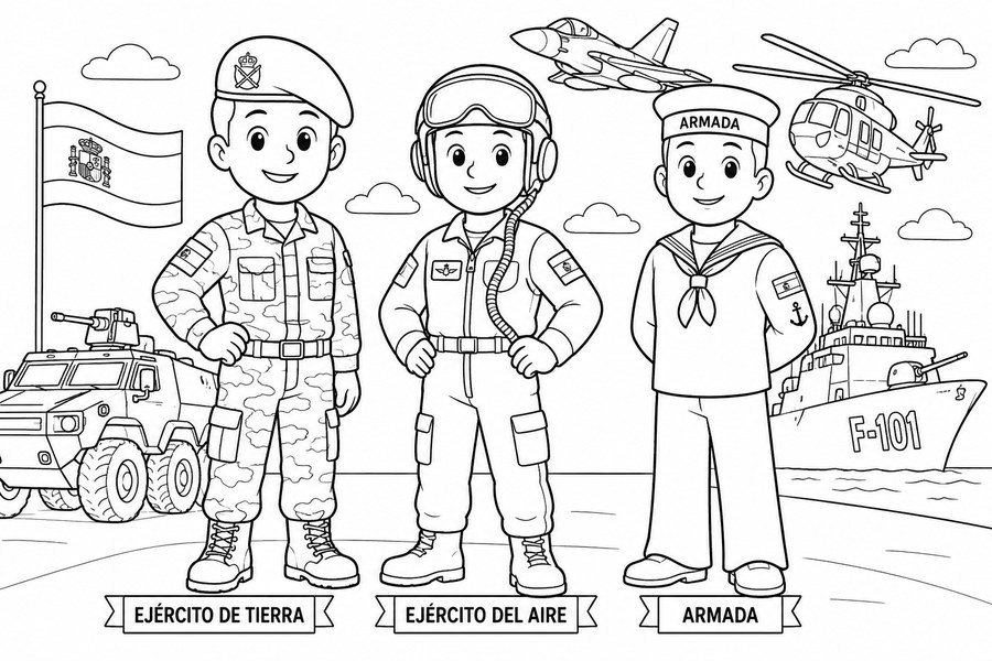 Dibujo para colorear de militares del Ejército de Tierra, Aire y Armada