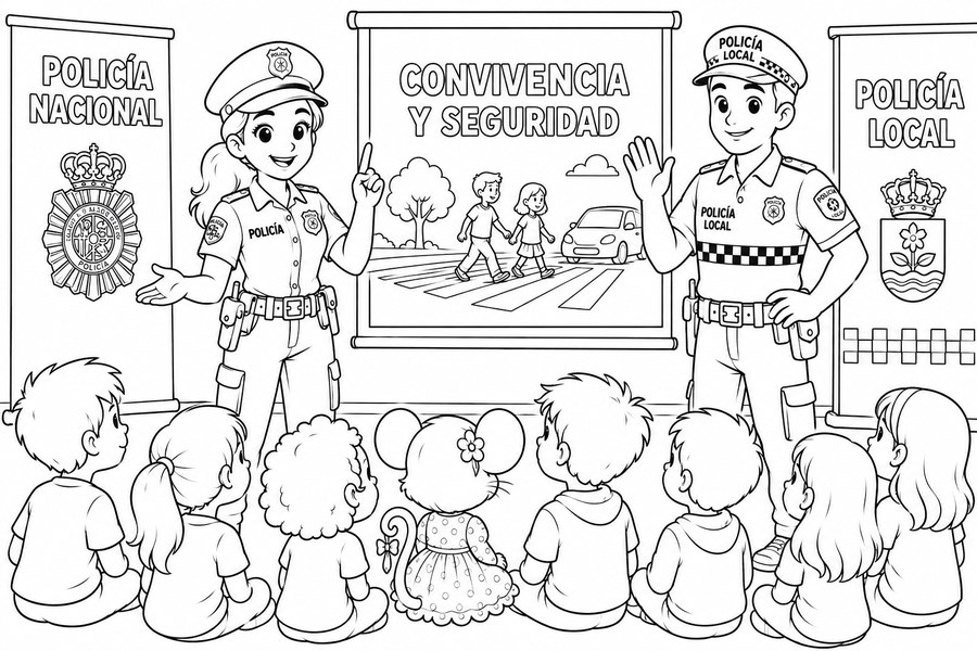 Dibujo para colorear de la policía hablando con los niños