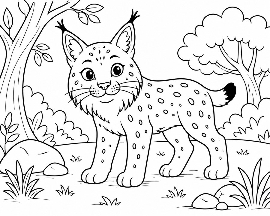 Dibujo para colorear de un lince ibérico en el bosque