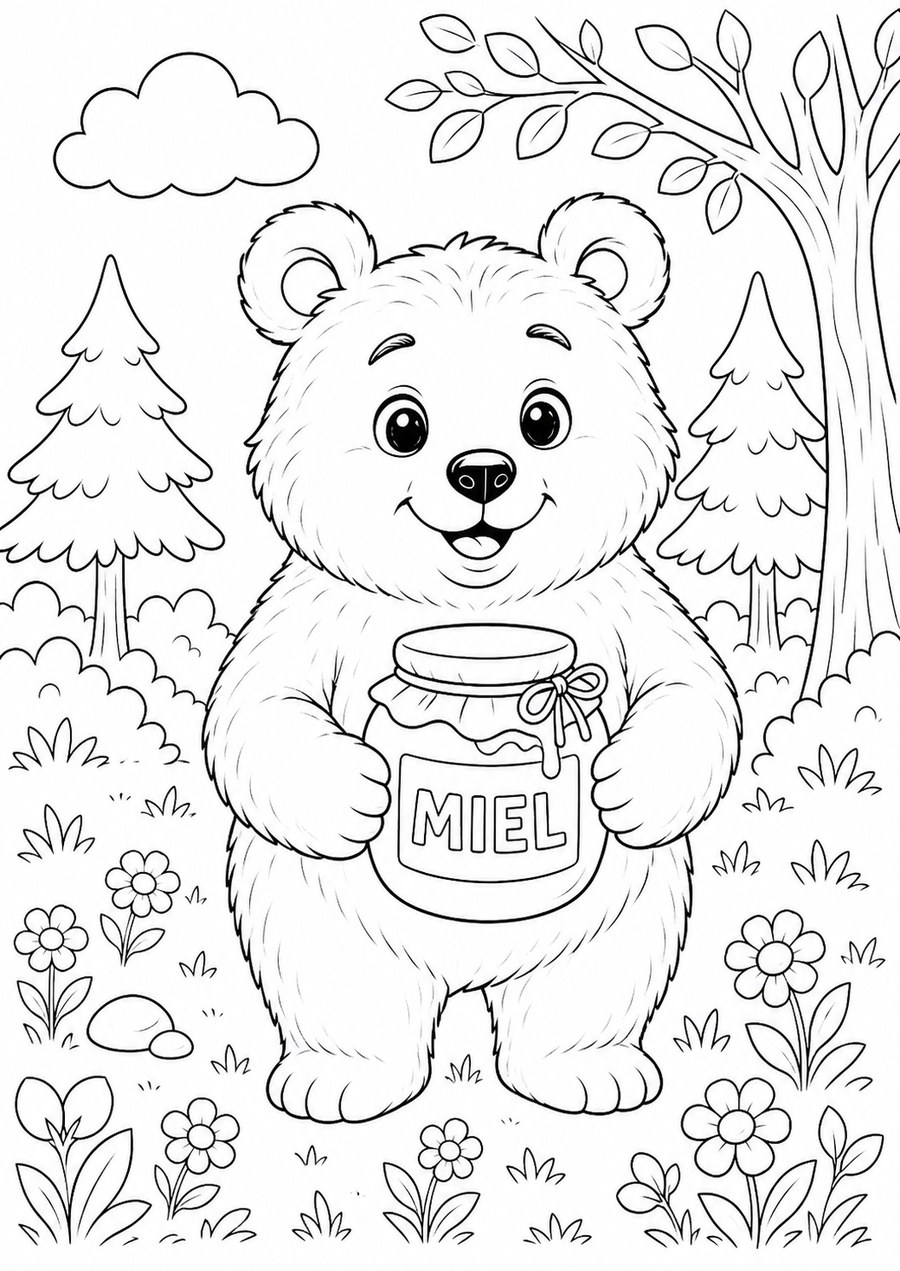 Dibujo para colorear de un oso con un tarro de miel