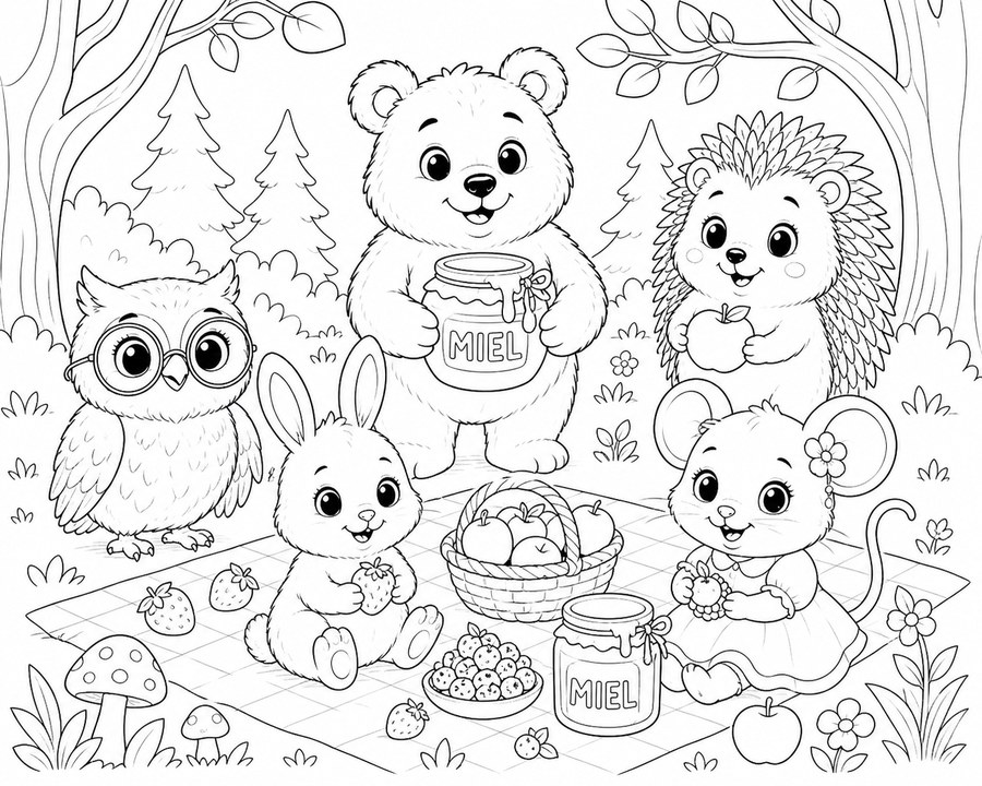 Dibujo para colorear de un picnic en el bosque con animales