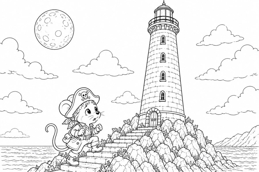 Dibujo para colorear de Candelita pirata junto al faro
