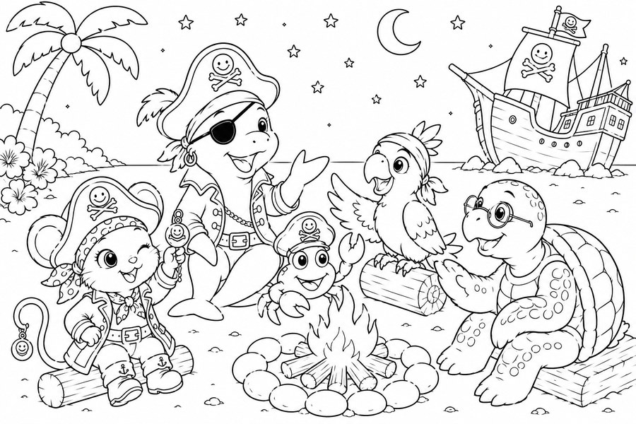Dibujo para colorear de Candelita pirata junto a la hoguera con sus amigos
