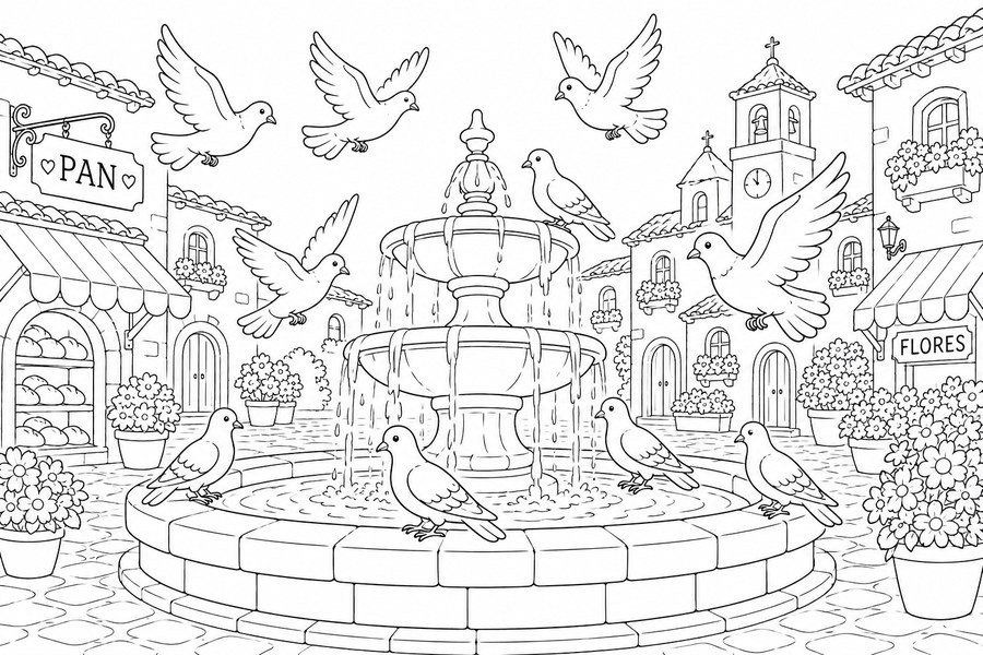 Dibujo para colorear de la fuente de la plaza de Villaflor