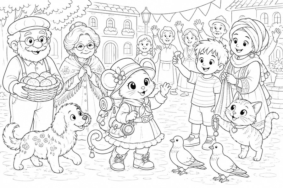Dibujo para colorear de Candelita con los vecinos de Villaflor