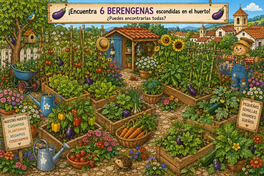 Juego: encuentra 6 berenjenas escondidas en el huerto